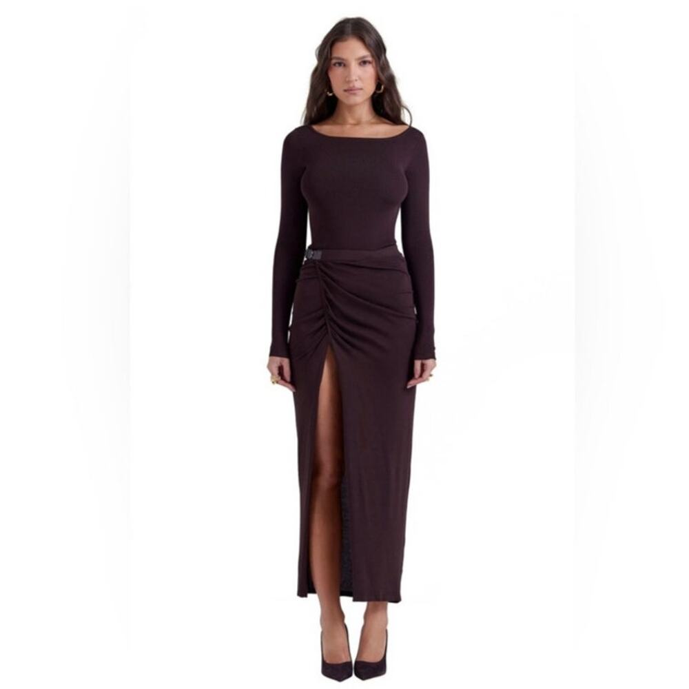 House of CB Skirt Womens Large Brown Lilas Espresso Knit Midi Split Hem Sexy